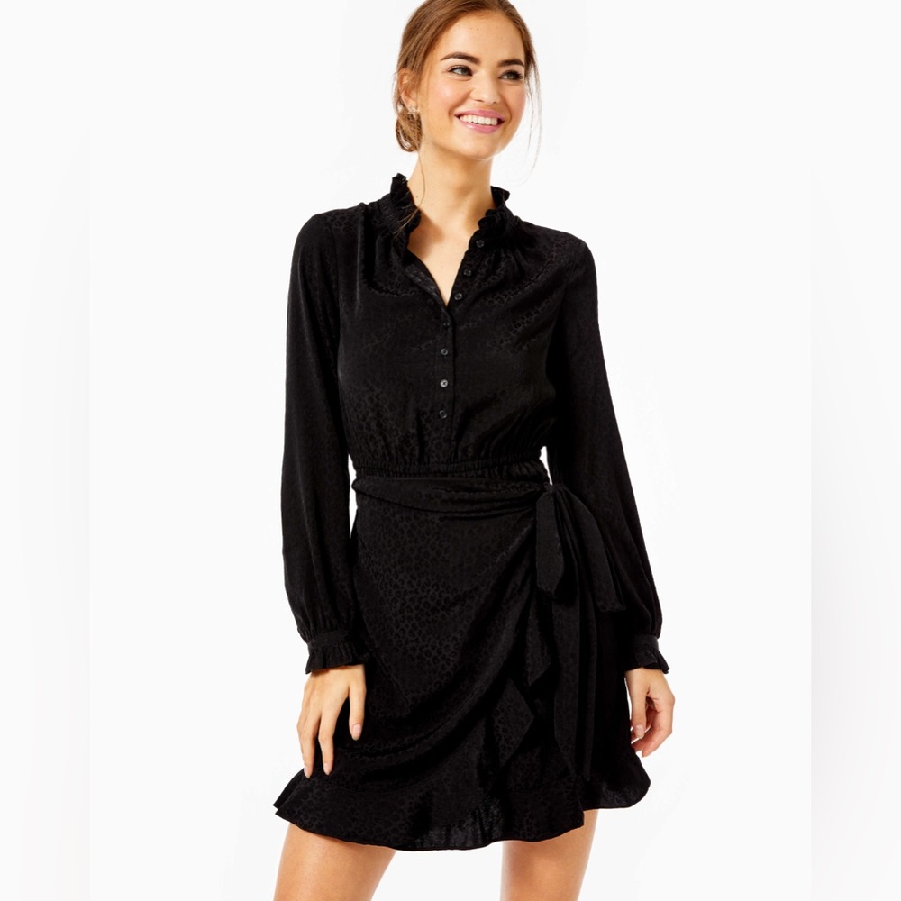 Lilly Pulitzer Abriana black animal print ruffle wrap dress sz 8